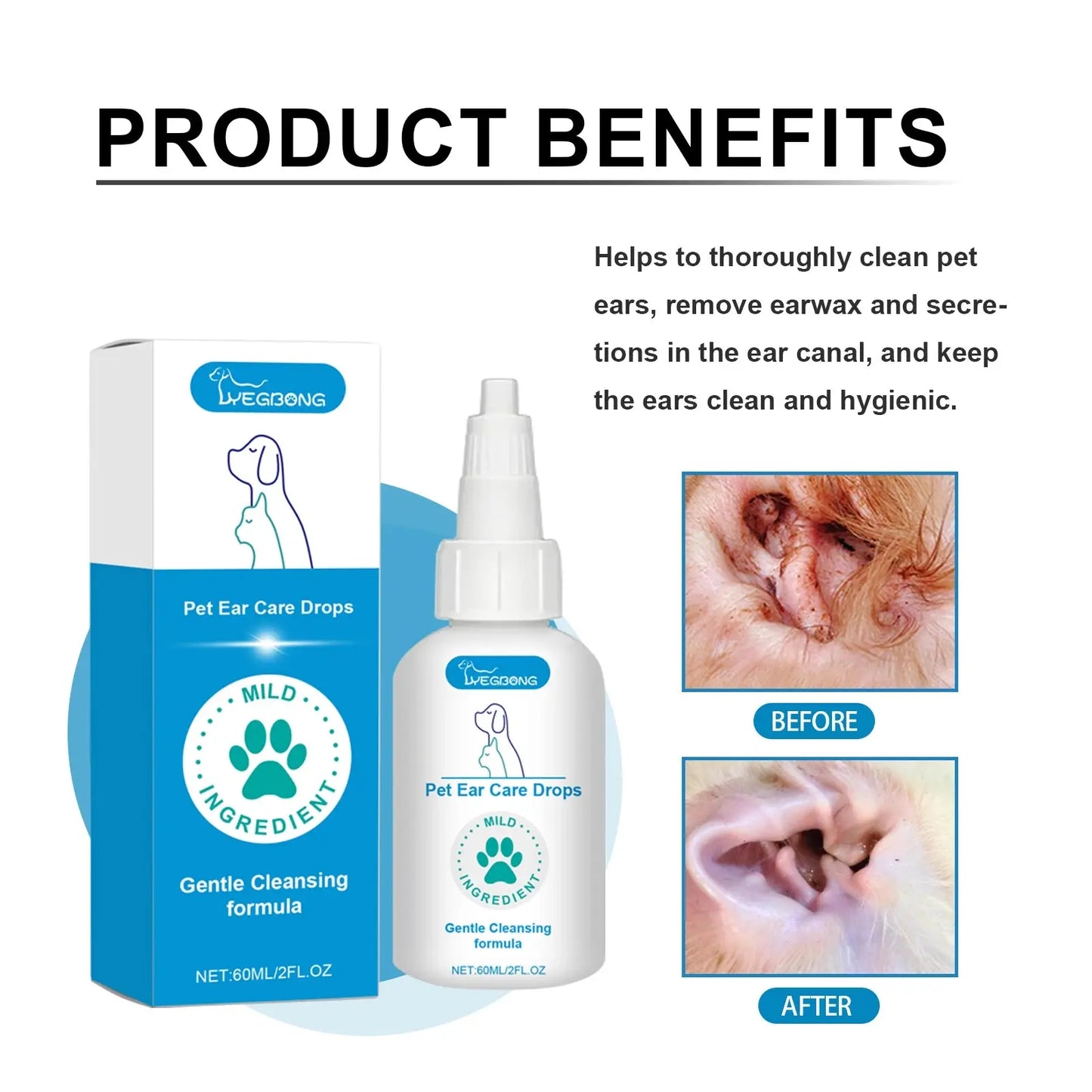 Pet Ear Care Drops - 60ml Gentle Cleansing Solution for Dogs & Cats - Remove Earwax, Moisturize Canal & Reduce Odor WLP Company