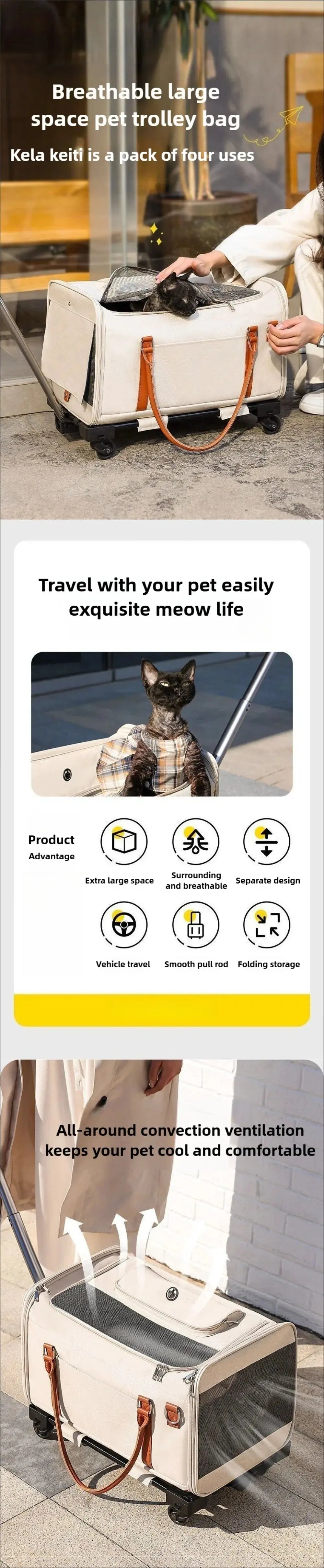 Multifunctional Cat Carrier with Trolley Large Capacity Breathable Foldable Pet Bag for Cats and Dogs WLP Company