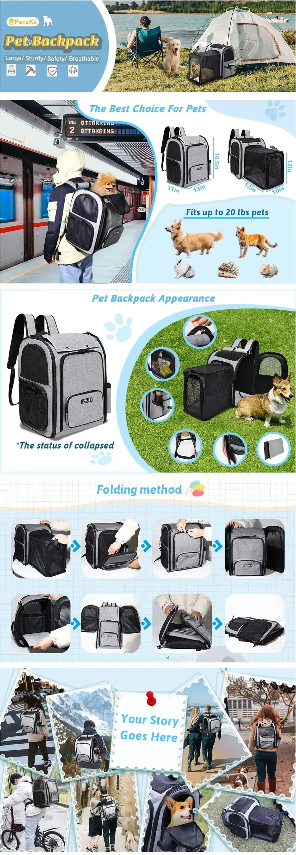 pet carrier Pet Backpack Expandable Foldable Cat Carrier for Small Medium Dog and Cat Transport Dog Bag Large Space Pets Carrier with Zipper WLP Company