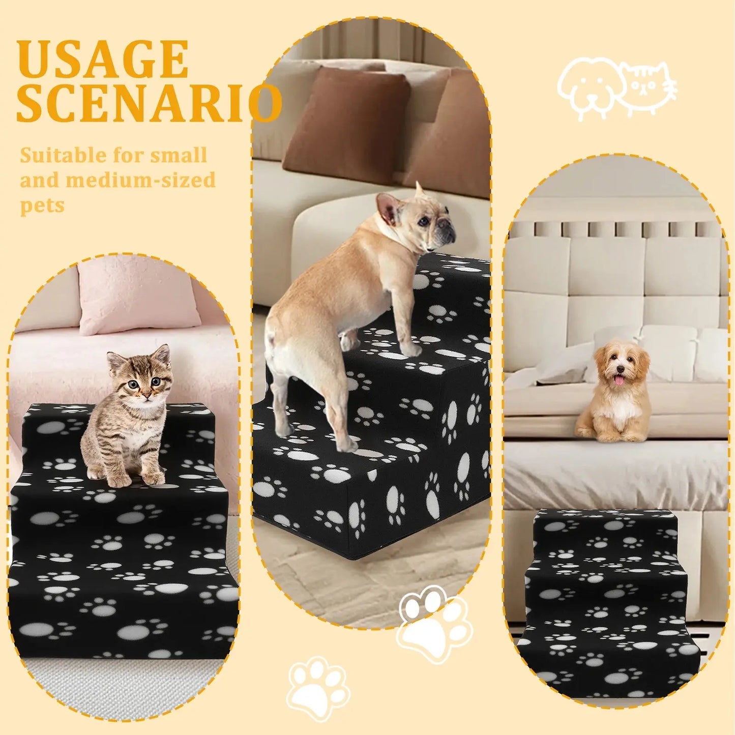 pet stairs 3/4 Steps Pet Bedside Stairs Plastic Dog Cat Steps with Removable Washable Cover Durable and Sturdy Pet Pedals Fun Pet Supplies WLP Company