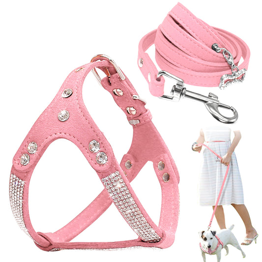 Soft Rhinestone Leather Set Dog of Harness & Leash